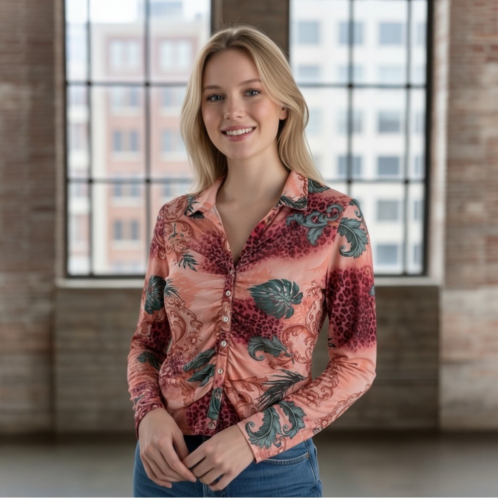 GUESS Los Angeles Sheer Button up Pink Leopard Abstract Floral Print Blouse Top